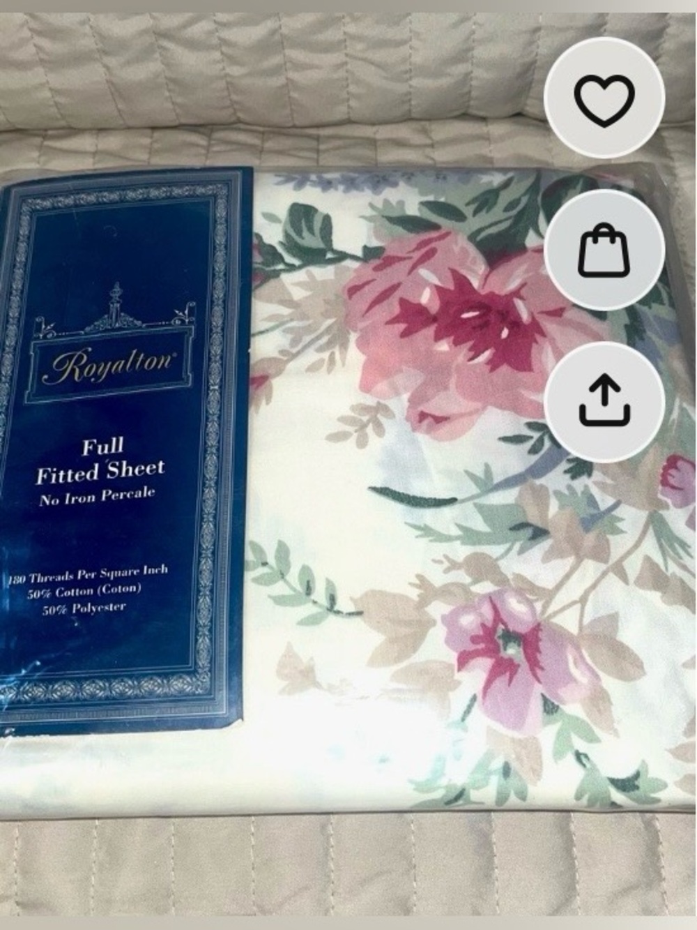 VTG Royalton Charlotte Romantic Rose Floral Full Fitted Sheet NOS Cottagecore